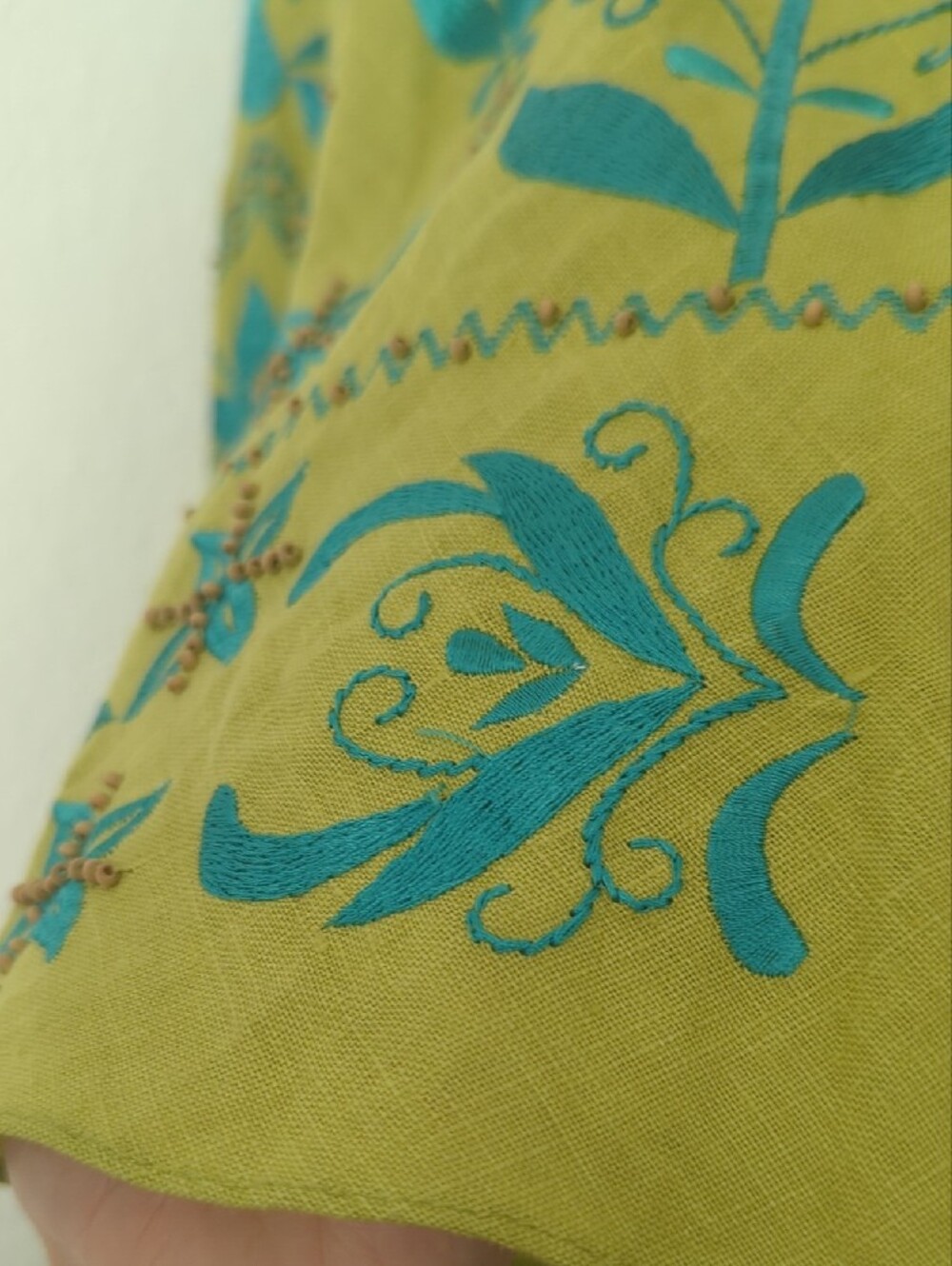 Y2K Sue Wong Linen Spaghetti Strap Dress with Floral Embroidery & Wood Beads - Picture 11 of 17